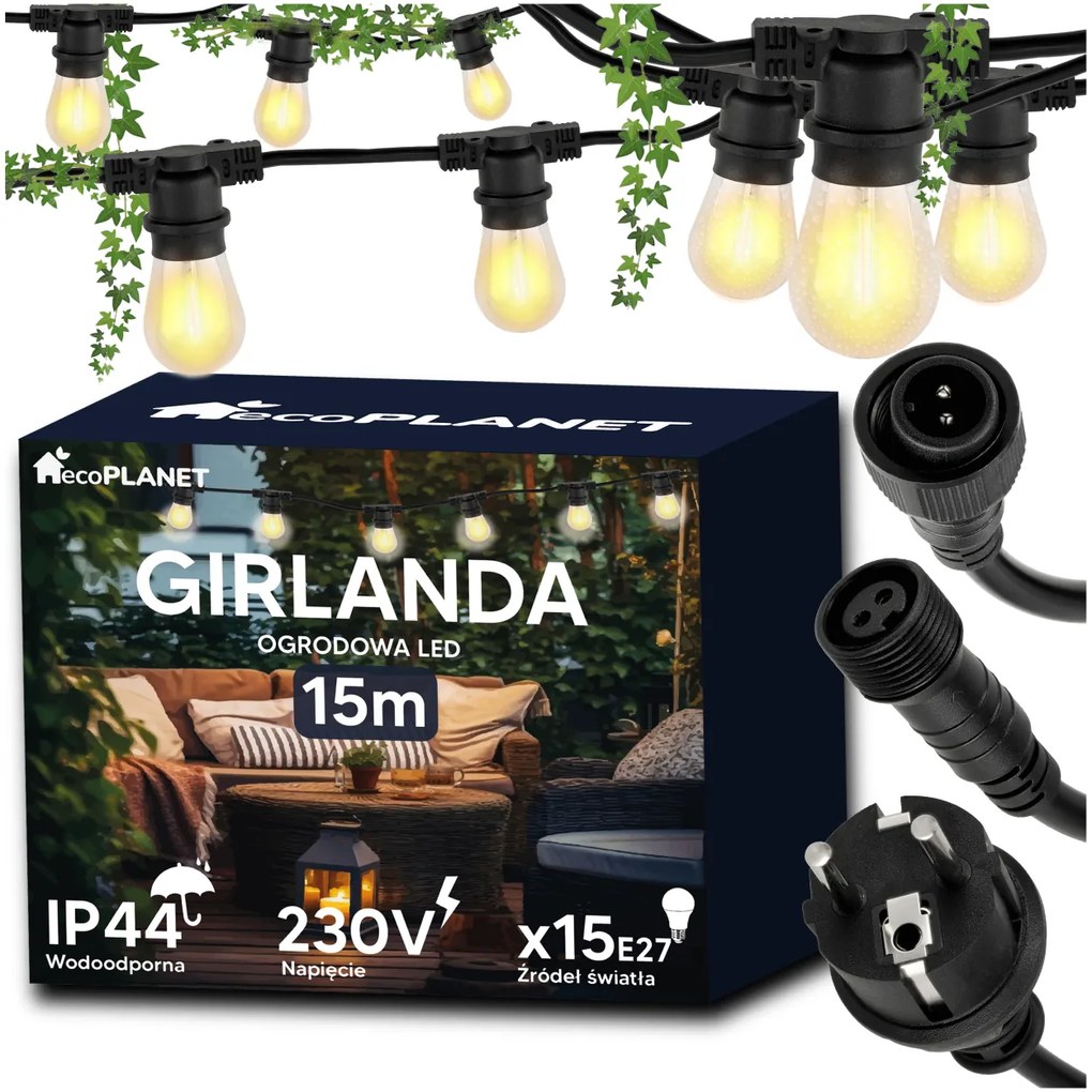 BERGE Záhradná girlanda 15m + 16x 1W LED žiarovka