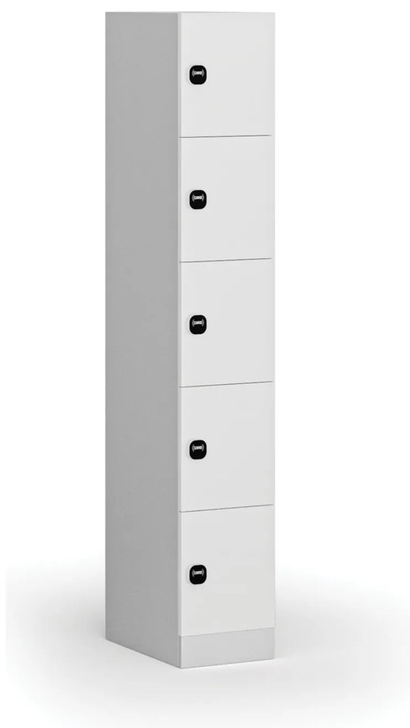 Šatníková skrinka s úložnými boxmi, 5 boxov, 1850 x 300 x 500 mm, demont, zámok s čítačkou RFID kariet, laminované dvere, biela