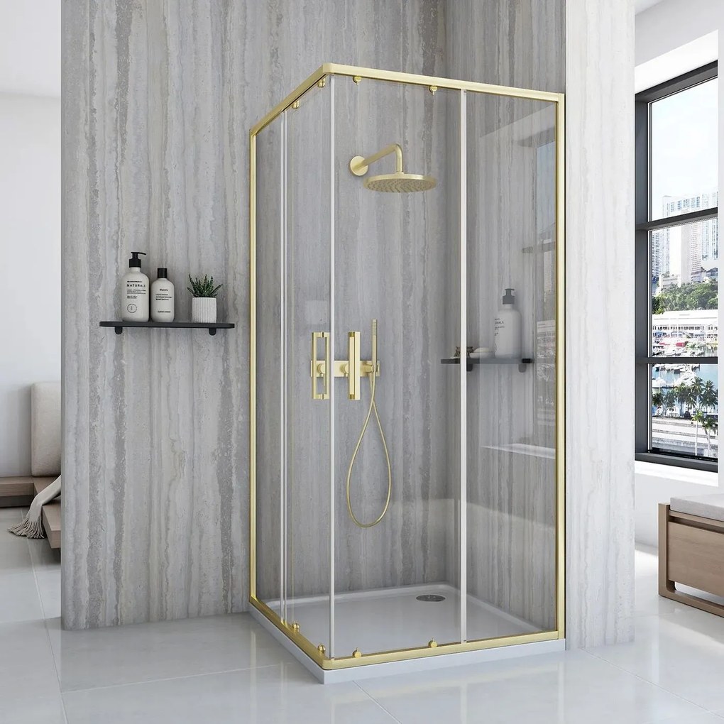 Rea City, sprchovací kút s posuvnými dverami 90(dvere) x 90(dvere) x 190 cm, zlatý matný profil + biela sprchová vanička Savoy, KPL-K6443