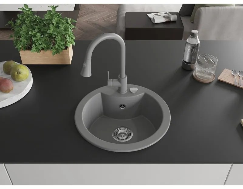 Mexen Diego, 1-komorový granitový drez 488x488x167 mm a drezová batéria Elia, šedá, 6512-71-670101-71