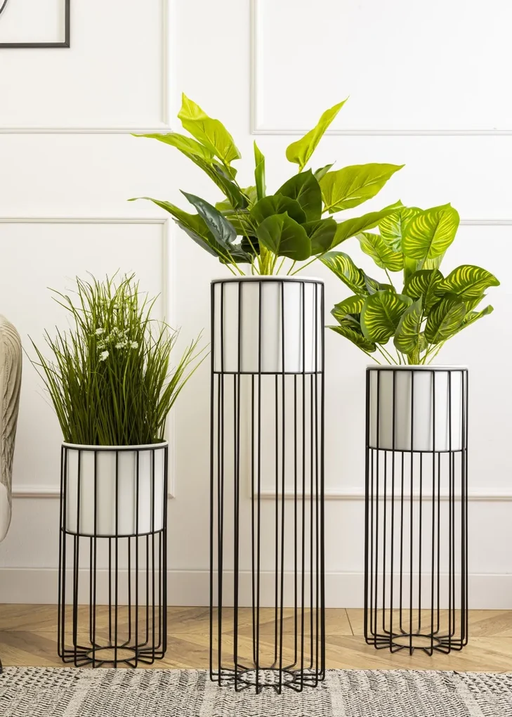 KOVOVÝ KVETINÁČ SO STOJANOM GLAM 55X20 CM BIELA/ČIERNA