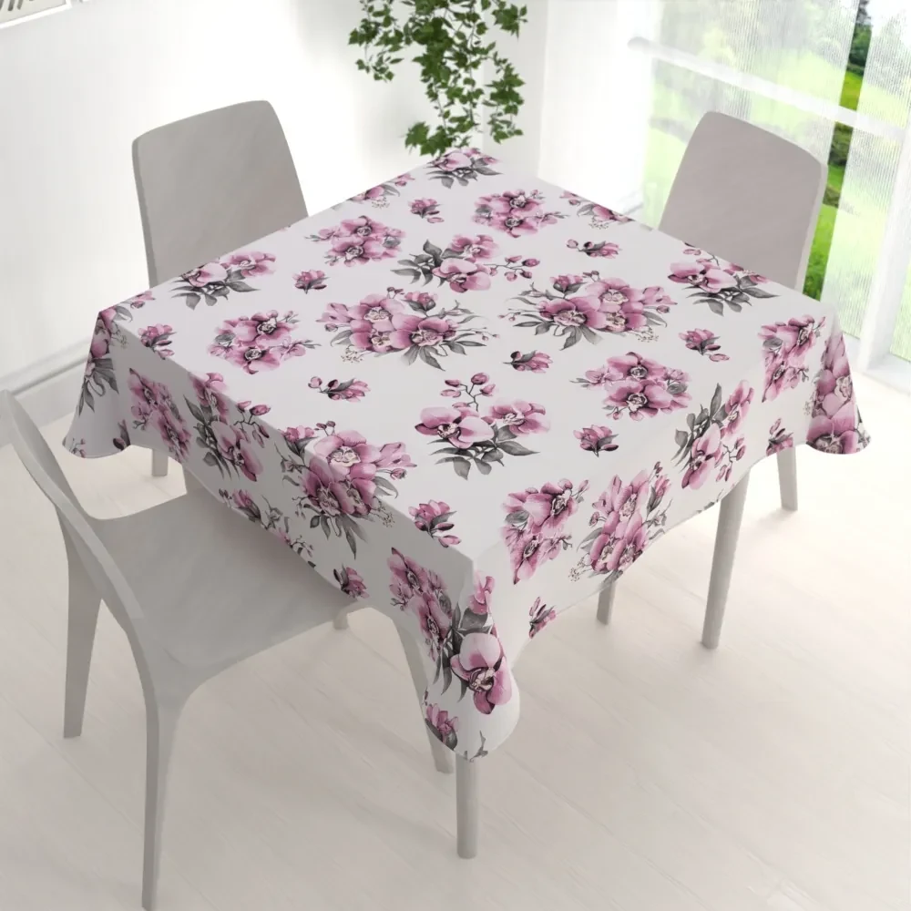 Biante Bavlnený štvorcový obrus Sandra SA-623 Lila orchidey na bielom 120x120 cm