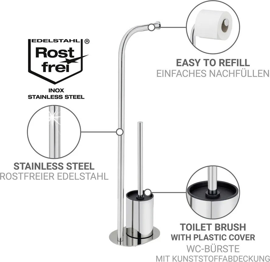 Stojan na toaletný papier so štetkou z nehrdzavejúcej ocele v lesklej striebornej farbe Levante – Wenko