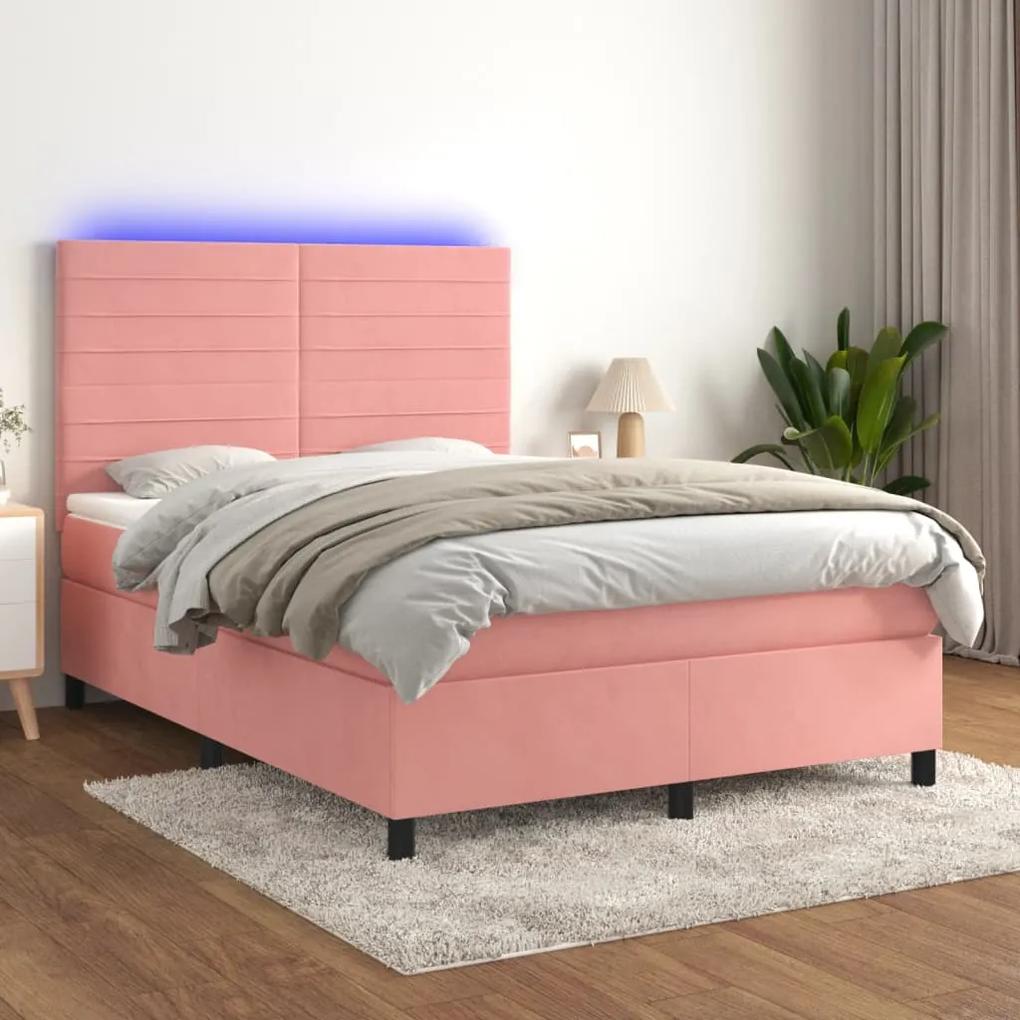 Posteľný rám boxsping s matracom a LED ružový 140x200 cm zamat 3136190