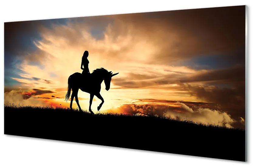 Sklenený obraz Žena na jednorožca západu slnka 140x70cm
