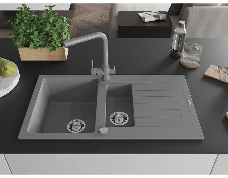 Mexen Matias, granitový drez 900x505x200 mm, 1,5-komorový a šedá batéria Duero, šedá, 6502-71-671600-71