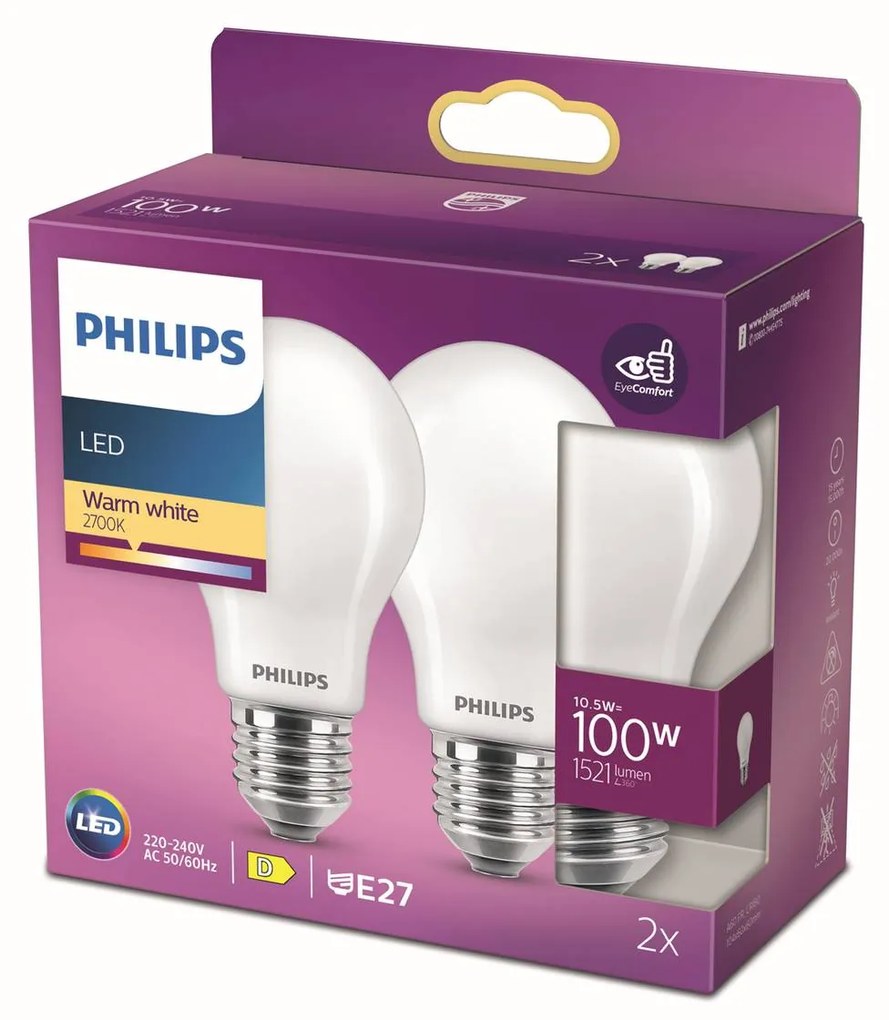 Philips LED žiarovka E27 10,5W 2 700K opálová 2 ks