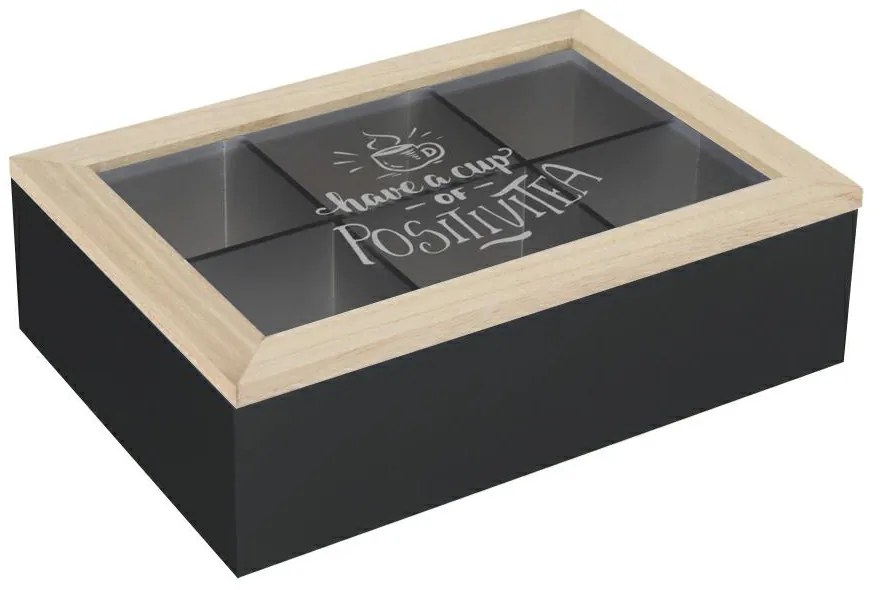 Drevený organizér na čaj Positive Black, 24x16,5x7 cm