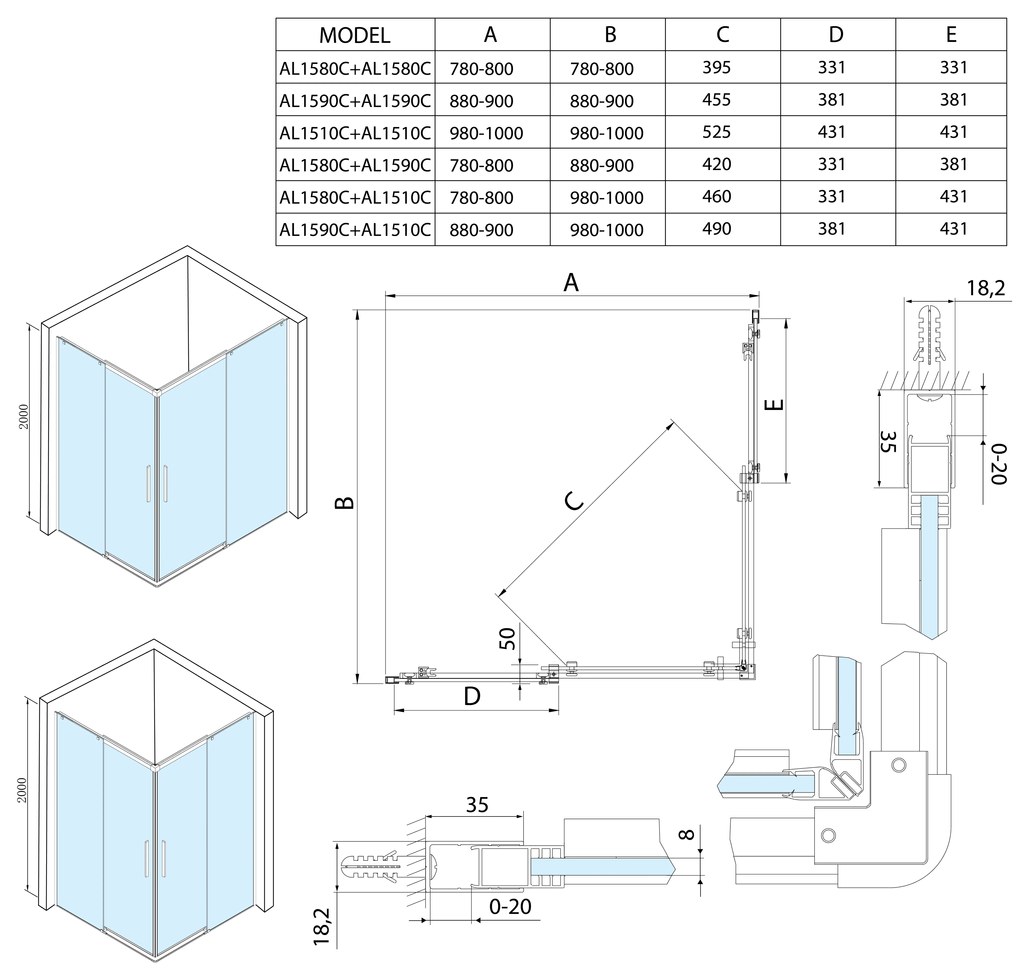 Polysan Polysan, ALTIS štvorcová sprchová zástena 800x800 mm, rohový vstup, číre sklo, AL1580CAL1580C