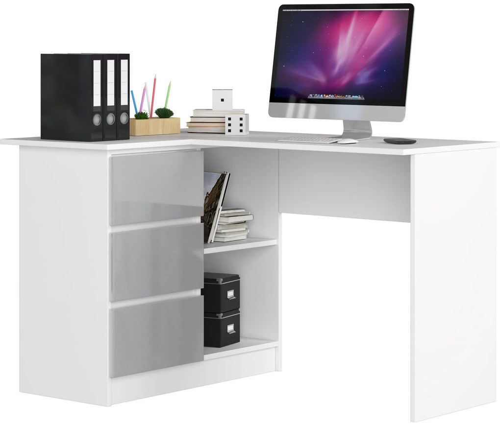 Rohový PC stolík Bodhi (biela + metalický lesk) (L). Akcia -19%. Vlastná spoľahlivá doprava až k Vám domov. 1068940