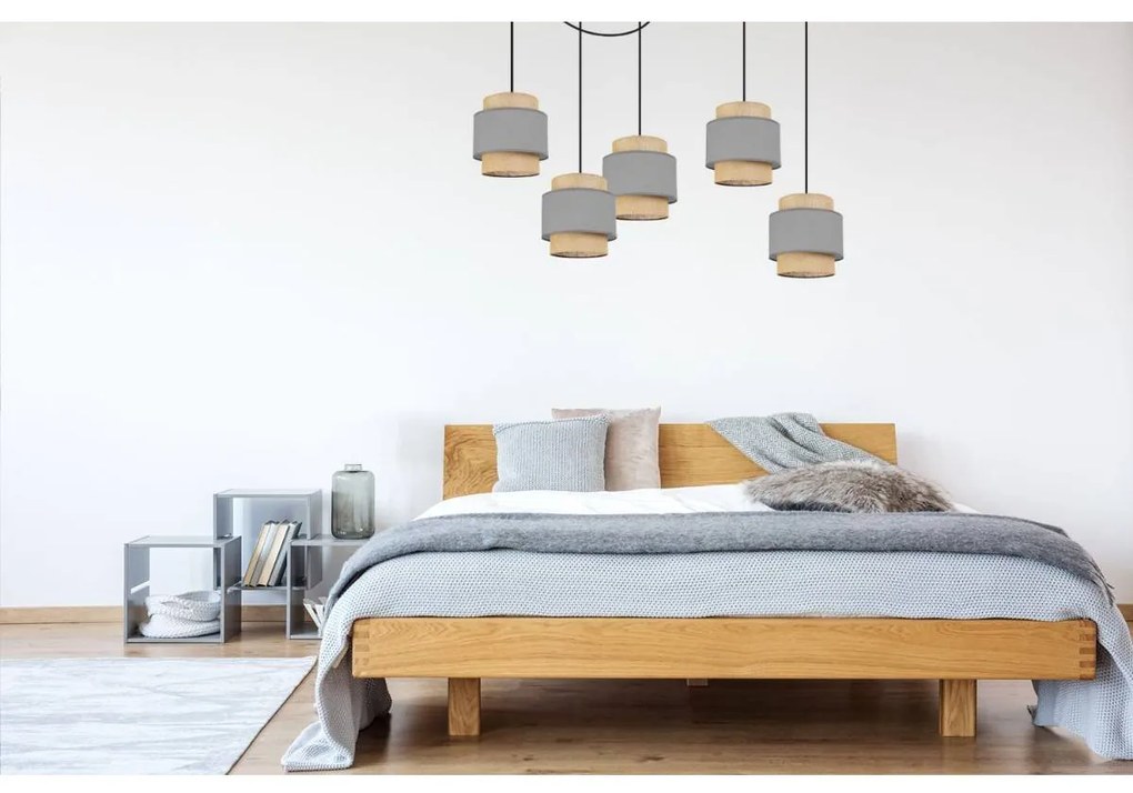 Závesné svietidlo Boho Spider, 5x jutové/sivé textilné tienidlo