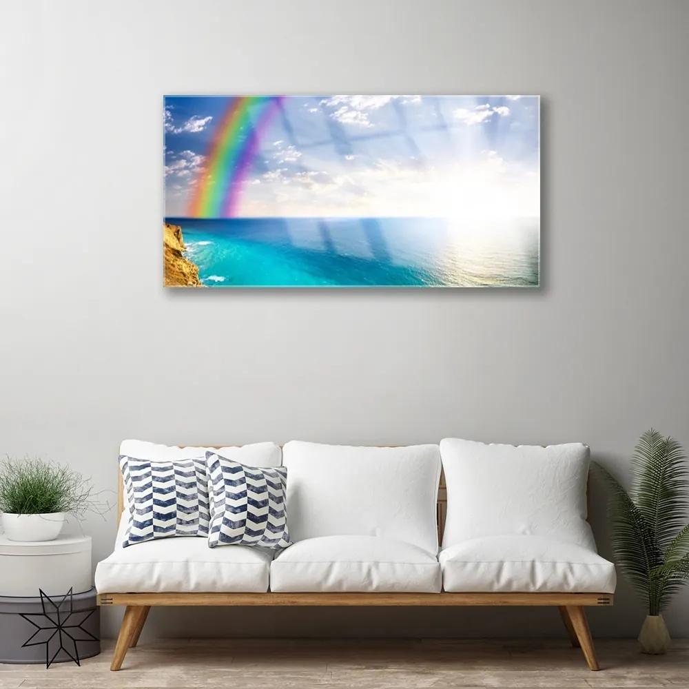 Skleneny obraz Dúha u more krajina 125x50 cm