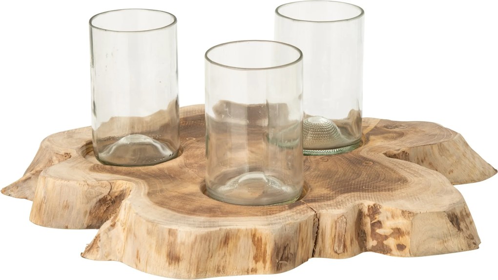 Drevený teakový držiak na čajové sviečky 3 sklenené vázy / svietniky – 31*27*5,5 cm