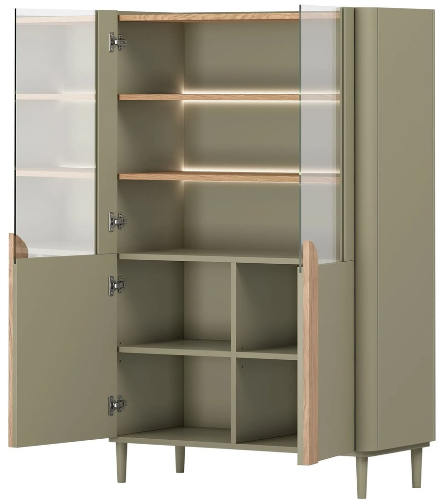 Vitrína Amilio 100 cm dvojdverová na nožičkách - eukalyptus / dub baltic dune / úchyty dub prírodný