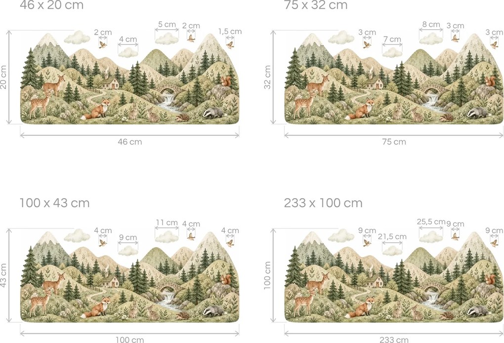 Horské údolie so zvieratkami neutrálne nálepky za detskú posteľ na stenu arch 46 x 20 cm