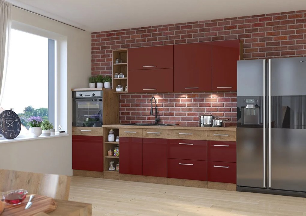 Kuchyňa Woodline IV, Farby: dub lancelot / matera, Osvetlenie: osvetlenie LED biele, Drez: áno, Pracovná doska:: áno