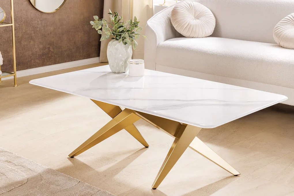 Konferenčný stolík ART LIVING 130 cm s keramickou doskou z bieleho mramoru a rámom v šampansko-zlatej farbe