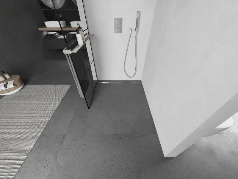 Mexen Kioto+ L, sprchová zástena Walk-In s poličkou a vešiakom 70 x 200 cm, 8mm číre sklo čierny vzor, brúsená oceľ profil, 800-070-123-97-77