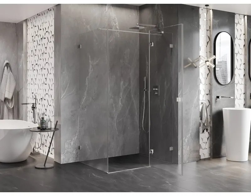 Mexen Lunar T, výklopný sprchový kút pravý 130 x 110 cm, 8mm číre sklo, oceľový profil, 834T-130-110-97-00-P