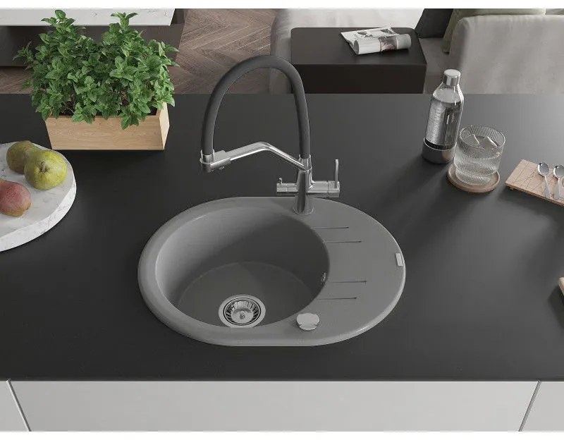 Mexen Kevin, granitový drez 586x458x190 mm, 1-komorový a biela batéria Duo, šedá, 6517-71-671701-07