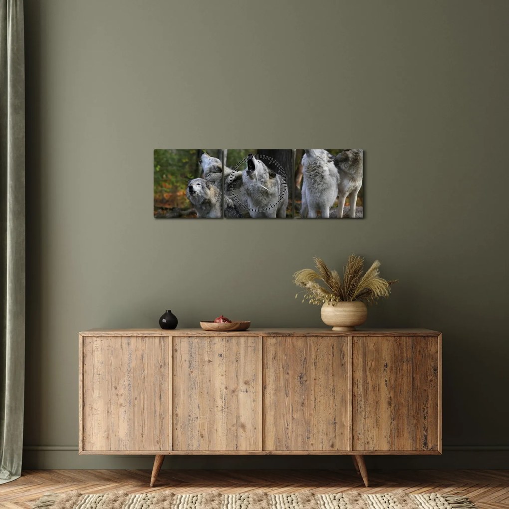 Obraz - Vlci na skale (s hodinami) (90x30 cm)