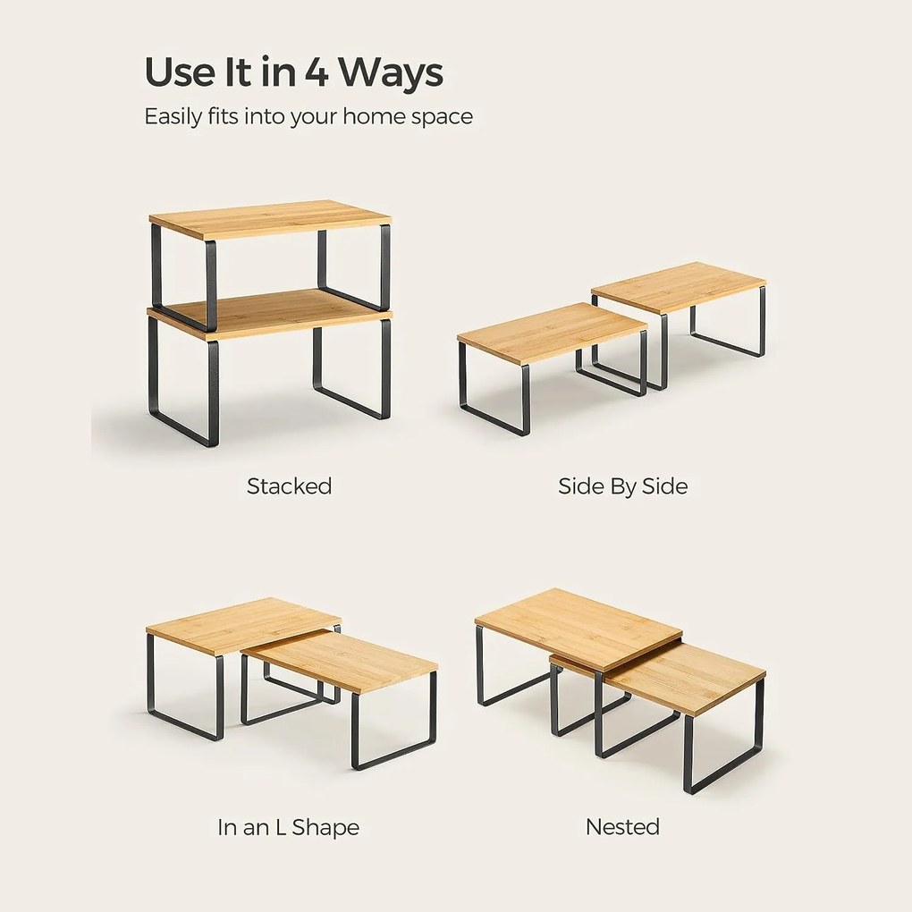 Stohovateľné poličky, organizéry na kuchynskú linku, sada 2 ks, kov a bambus