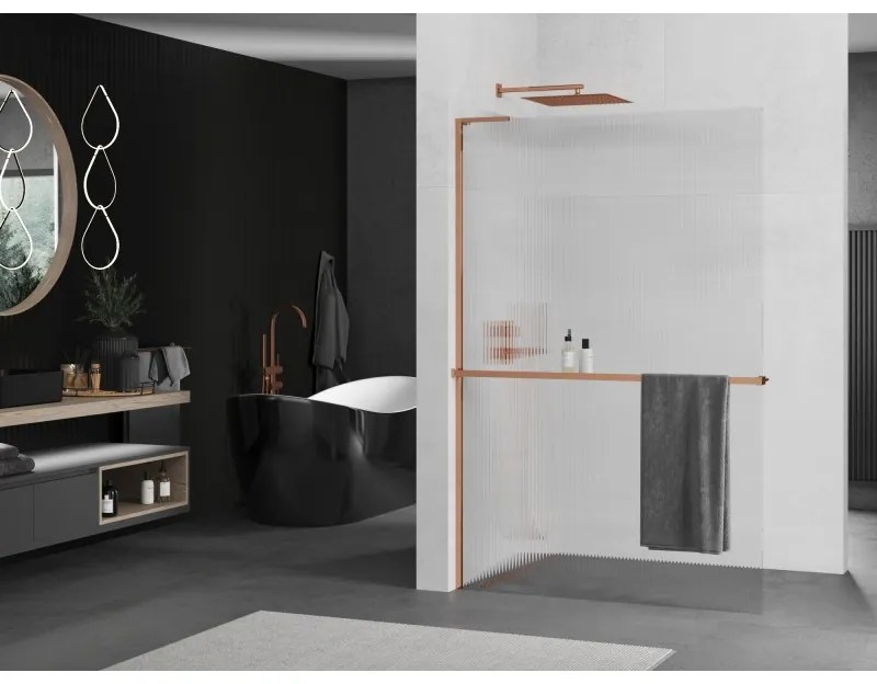 Mexen Kioto+ L, sprchová zástena Walk-In s poličkou a vešiakom 120 x 200 cm, 8mm sklo s rebrovým vzorom, ružové zlato profil, 800-120-123-60-09