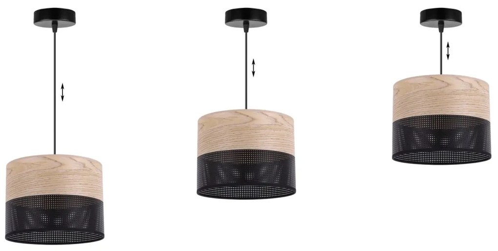 Závesné svietidlo Wood, 1x béžová dubová dýha/čierne PVC tienidlo, (fi 20cm)