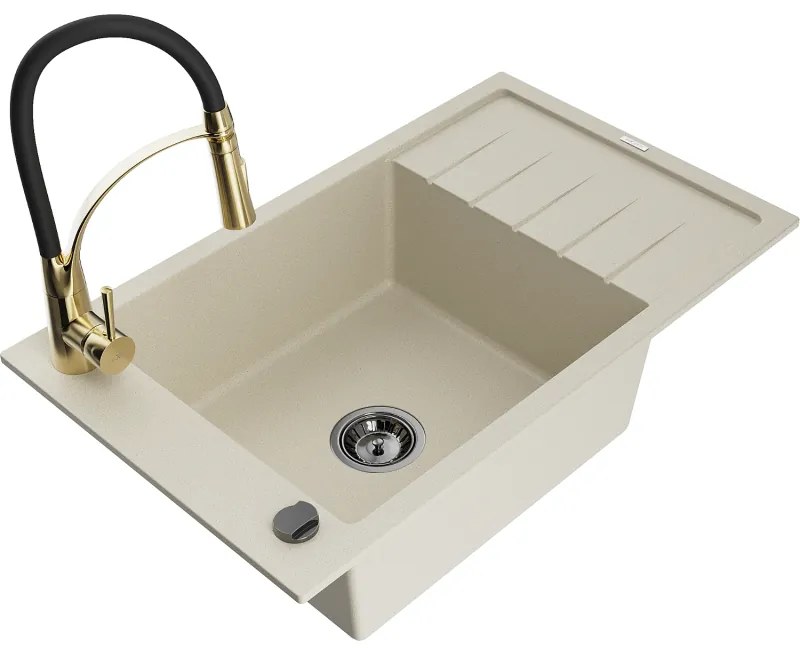 Mexen Elias, 1-komorový granitový drez 795x480x200 mm a drezová batéria Aster, béžová, 6511-69-73450-57-B