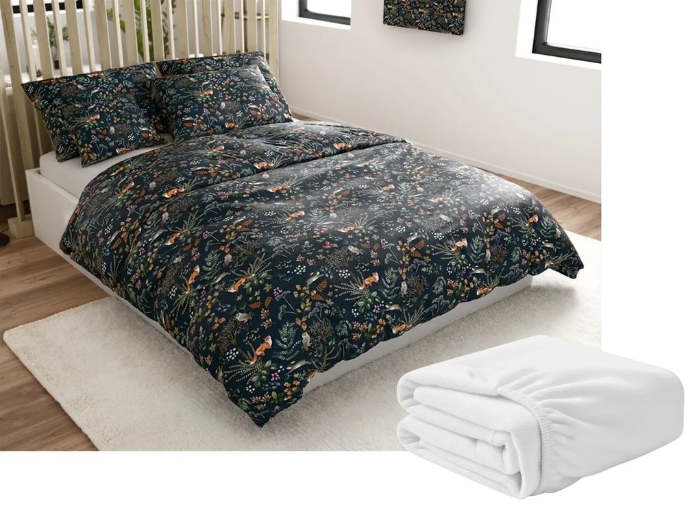 Sada 2ks mikroplyšových obliečok THE FOX AND THE HARE tmavozelené + plachta mikroplyš SOFT 180x200 cm biela, dvojlôžko