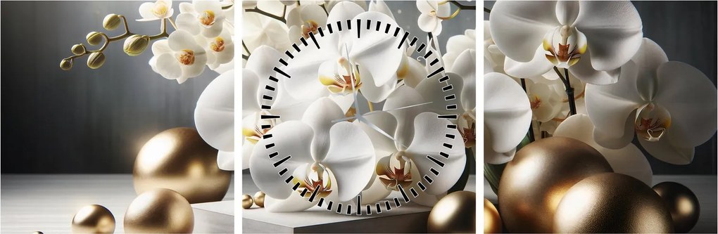 Obraz - Orchidea a zlaté gule (s hodinami) (90x30 cm)