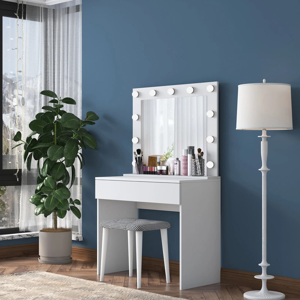 Minimalistický toaletní stolek Alisson III s LED zrcadlem a taburetem bílý