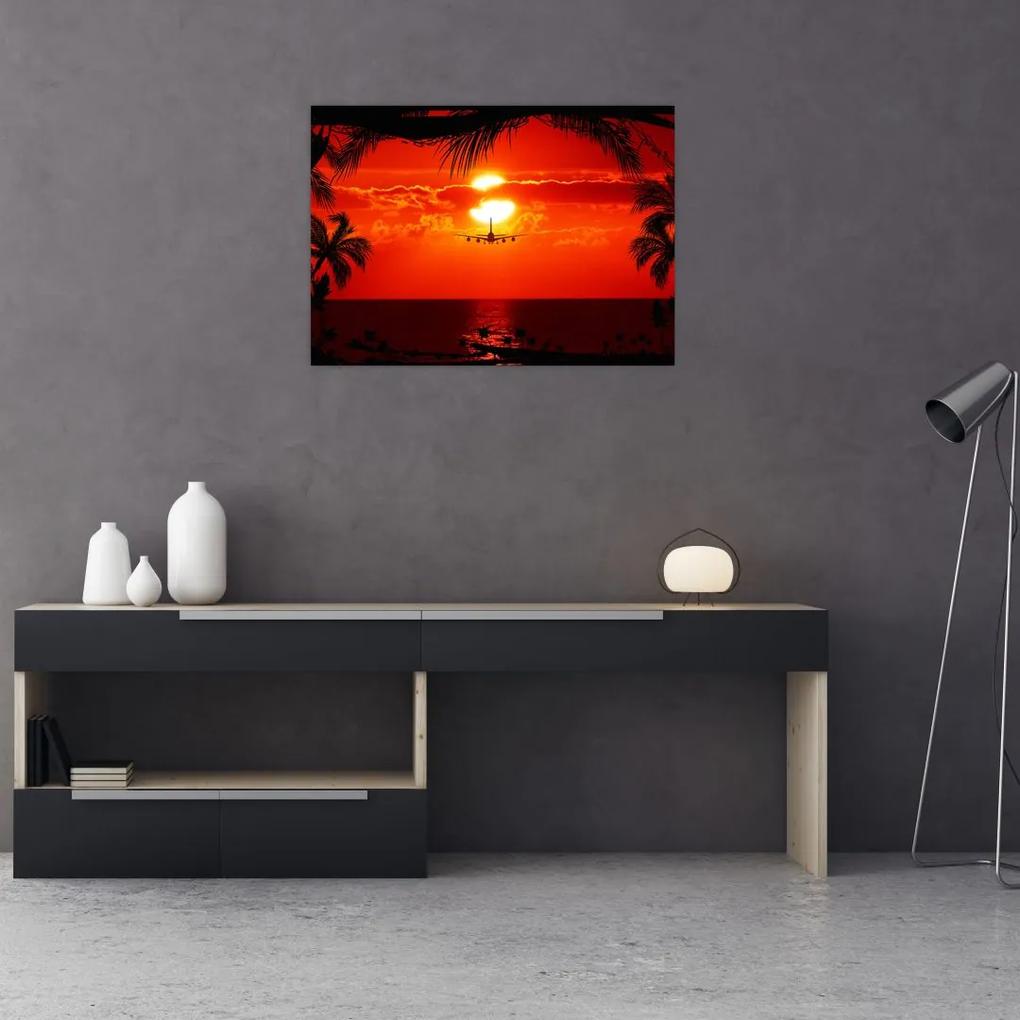 Sklenený obraz - západ slnka s lietadlom (70x50 cm)