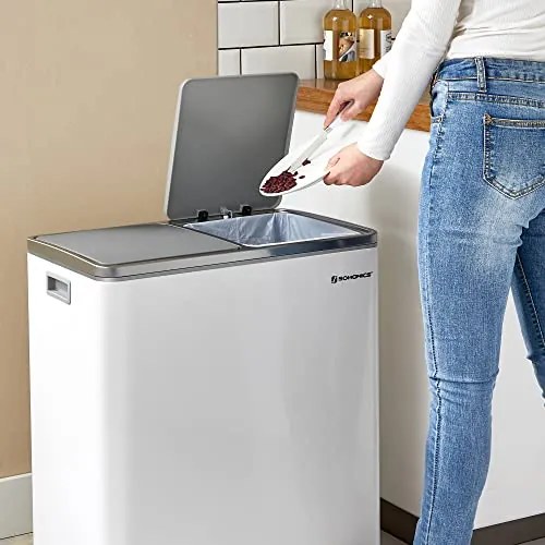 SONGMICS dvojitý kôš, kovový kôš na triedený odpad s 15 vreckami, 2 x 30 l, bielo-šedá