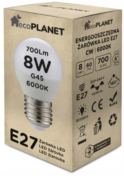 ecoPLANET 5x LED žiarovka E27 - G45 - 8W - 700lm - studená biela
