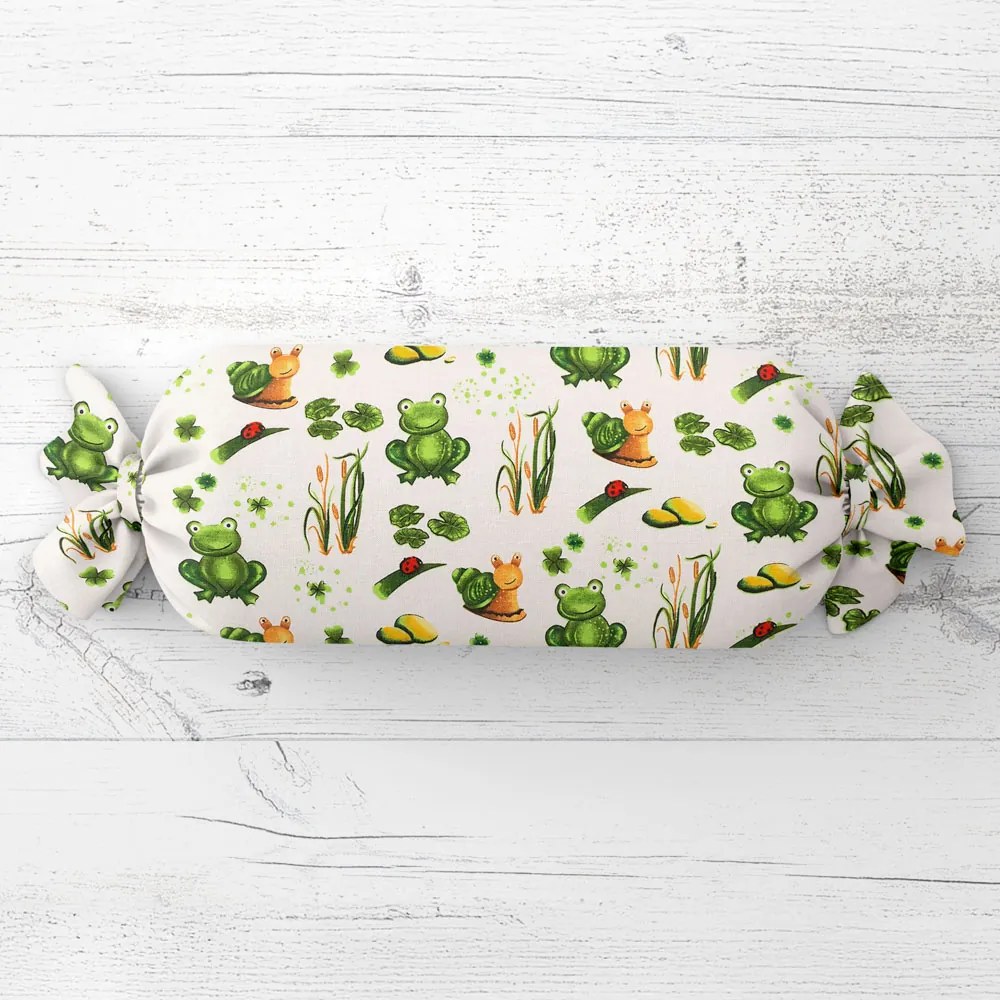 Biante Detský vankúš valec bonbon Sandra SA-609 Žabky a slimáky na bielom 15x40 cm