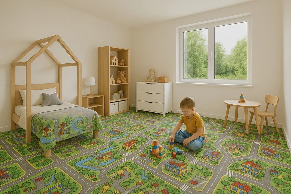 Vopi, Detský metrážny koberec Hravé mesto - neúčtujeme odrezky z role, na mieru, šíře 1,33m,1m,2m,3m,4m,na mieru, neúčtujeme odrezky, viacfarebná, filc, detská izba