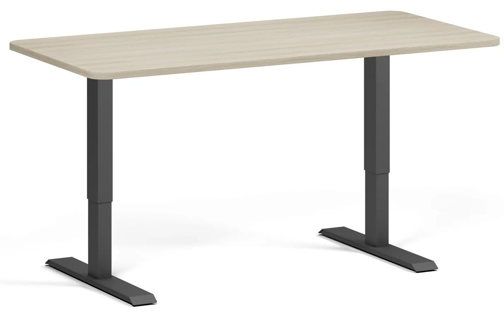 Výškovo nastaviteľný stôl, 160x80 cm, 1 motor, zaoblené rohy, čierna podnož, dub prírodný