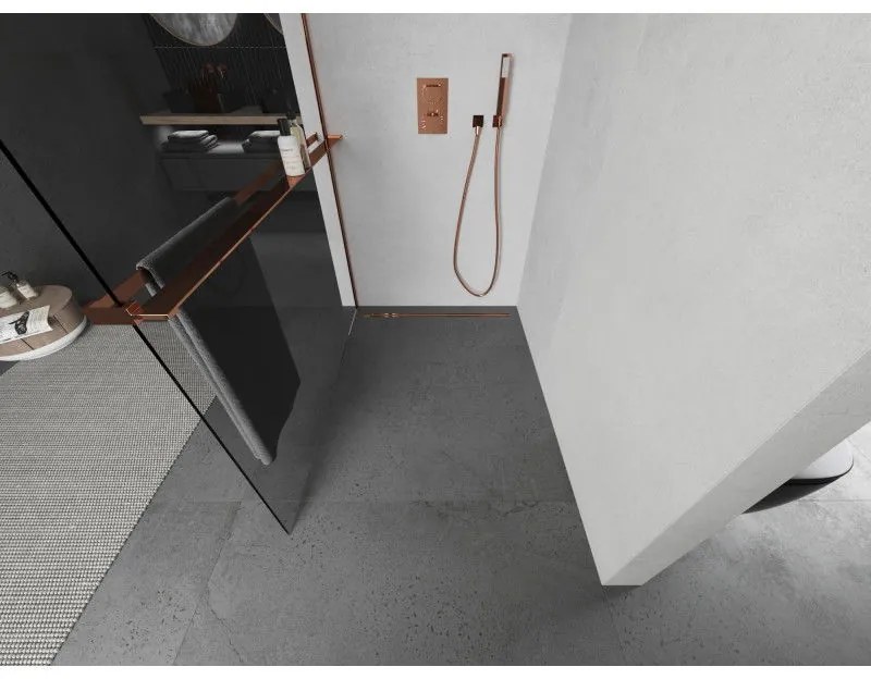 Mexen Kioto, sprchová zástena Walk-in s poličkou a vešiakom 105 x 200 cm, 8mm číre sklo, profil ružové zlato, 800-105-121-60-00
