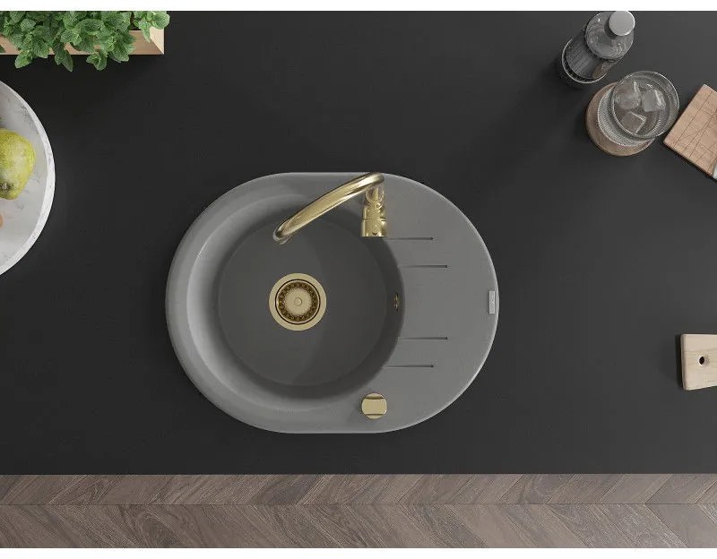 Mexen Kevin, drez granitový 586x458x190 mm, 1-komorový a zlatá batéria Telma, šedá, 6517-71-670200-50