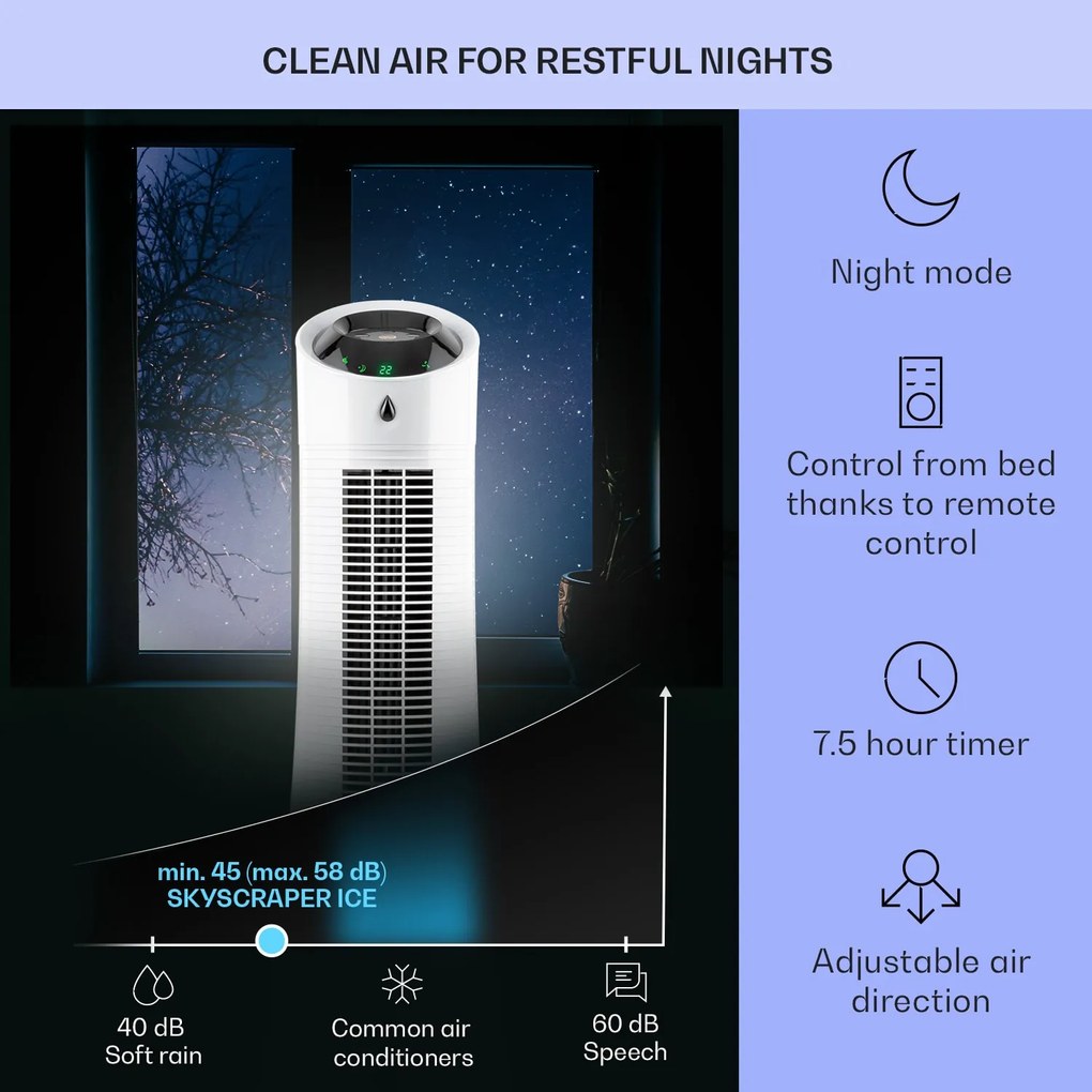 Klarstein Skyscraper Ice, 4 v 1 ochladzovač vzduchu, ventilátor, čistička vzduchu, zvlhčovač, 45 W, 210 m³/h, oscilácia, mobilný, diaľkové ovládanie