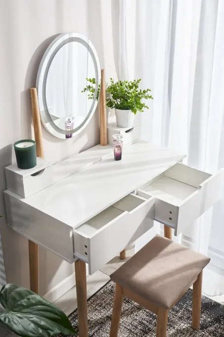 Toaletný stolík GLAM s LED zrkadlom biely / naturálny, béžová taburetka