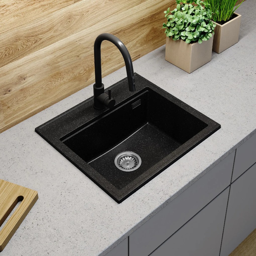 Sink Quality Ferrum New 5055, 1-komorový granitový drez 560x500x210 mm + zlatý sifón, čierna škvrnitá, SKQ-FER.5055.BP.XG