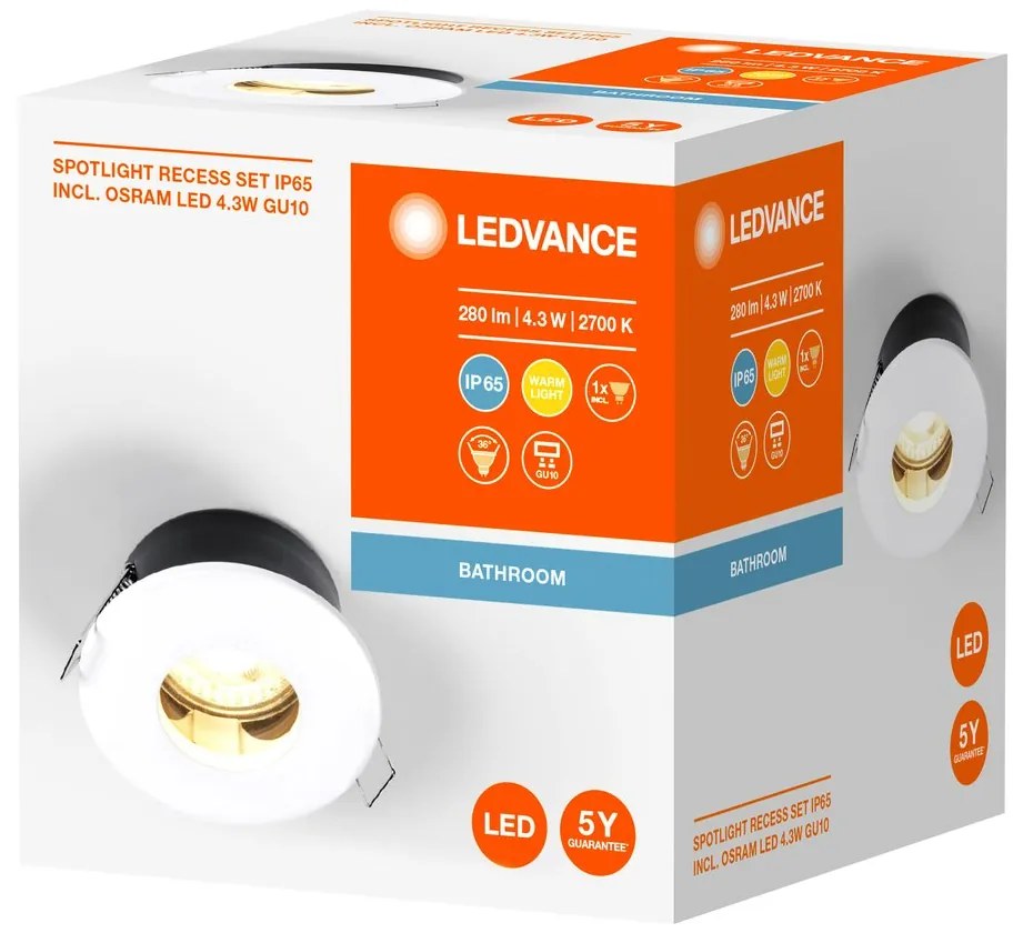 LEDVANCE Sapho, SPOTLIGHT kúpeľňové podhľadové svietidlo, GU10, 4,3W, 230V, IP65, biela