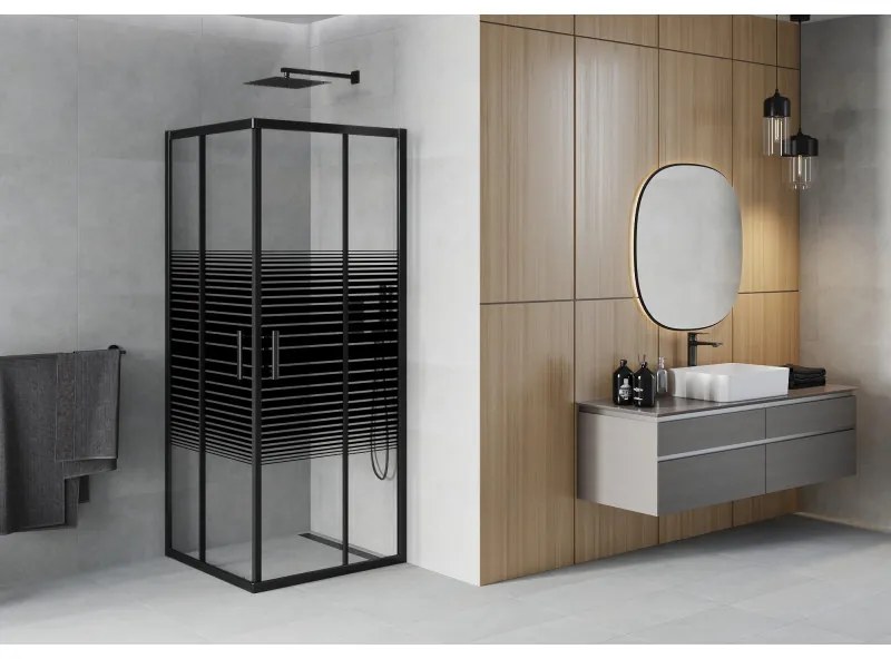 Mexen Rio, štvorcový sprchovací kút s posuvnými dverami 80(dvere) x 80(dvere) x 190 cm, 6mm číre sklo s pásikmi, čierny profil, 860-080-080-70-20
