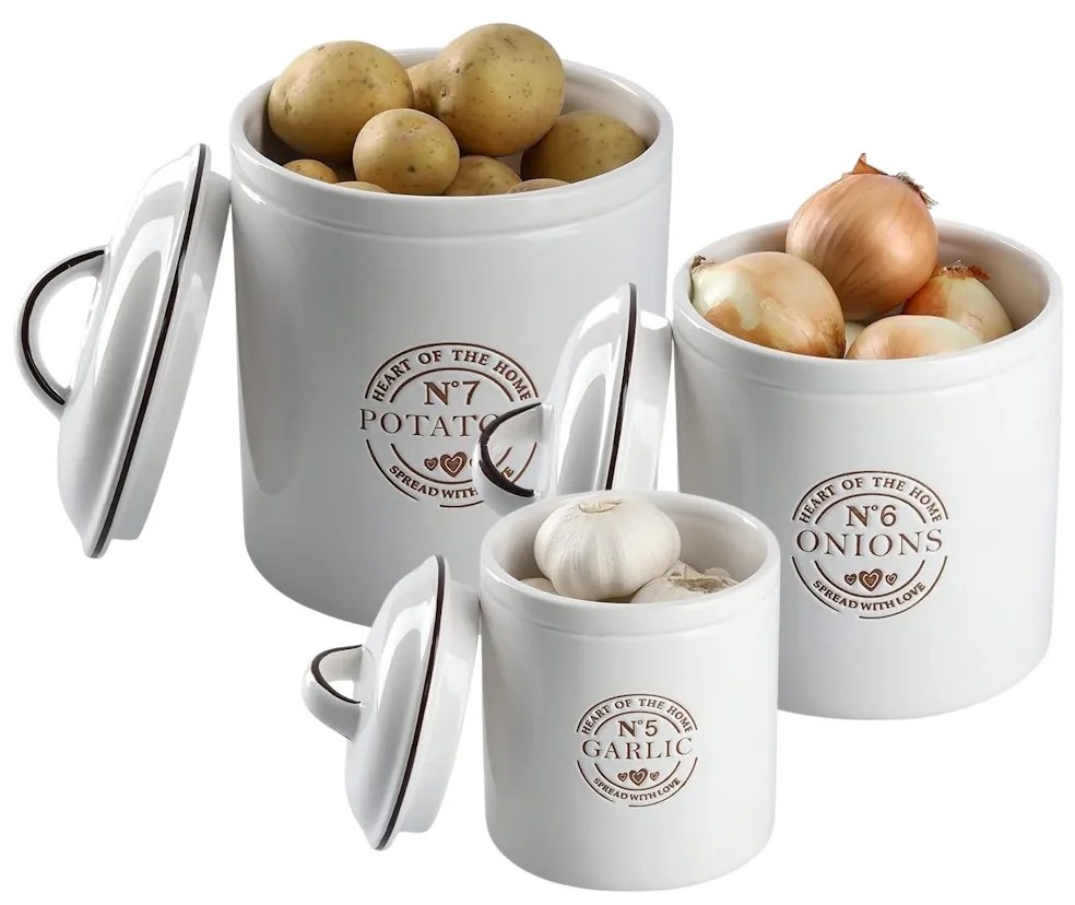 Súprava 7 keramických dóz na cesnak, cibuľu a zemiaky + súprava na olej, ocot, korenie a soľ, biela CERAMIC