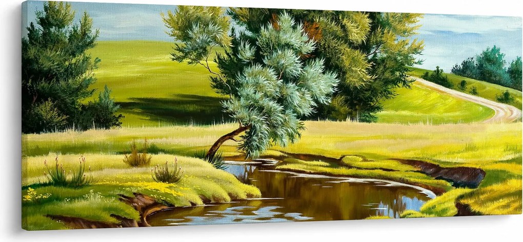 Obraz - Rieka medzi lúkami, olejomaľba (120x50 cm)