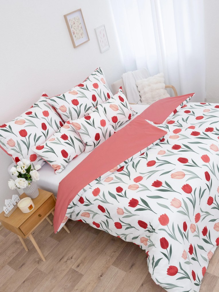 Predĺžené bavlnené obliečky Renforcé - Kvety tulipánov červené
