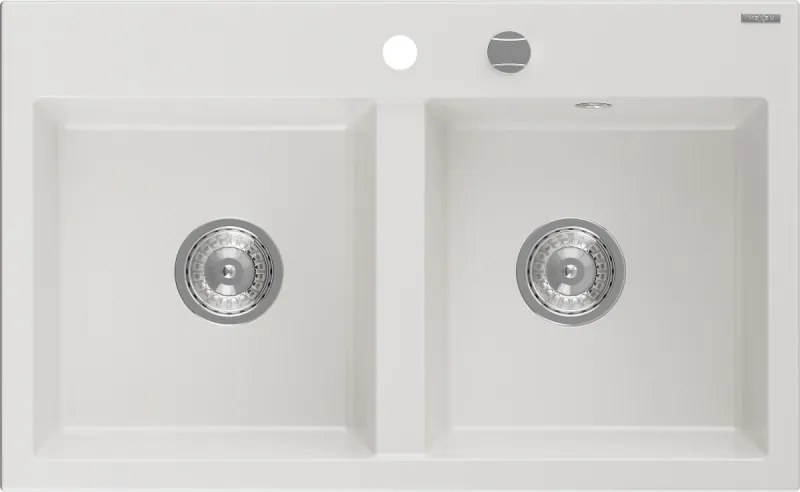 Mexen Hektor granitový drez 2-komorový 800 x 480 mm, biely, chróm sifón - 6521802000-20