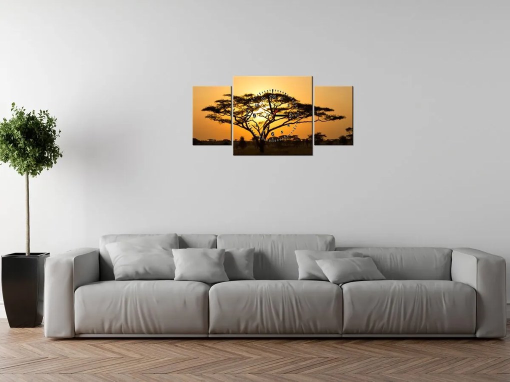 Gario Obraz s hodinami Akácia v Serengeti - 3 dielny Rozmery: 90 x 30 cm